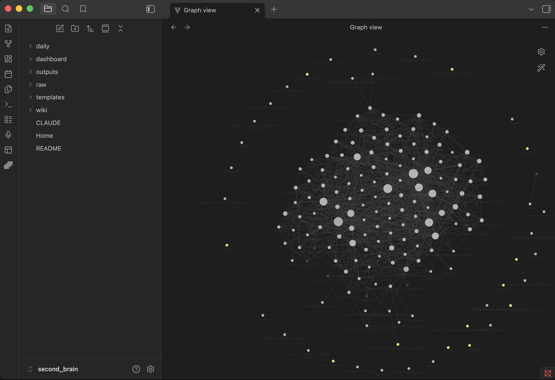 Obsidian graph view showing the compiled knowledge graph after one week